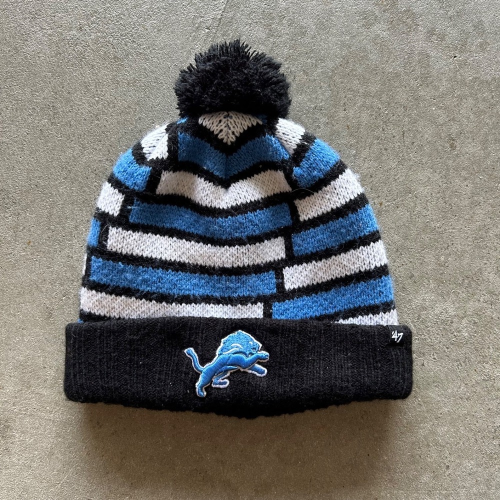 47 Brand Detroit Lions Pom Beanie Hat Cap One Size Black Blue Knit NFL Football